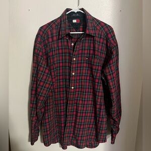 TOMMY HILFIGER Classic Regular Fit Tartan Plaid Button Down Red Green Men's Sz L